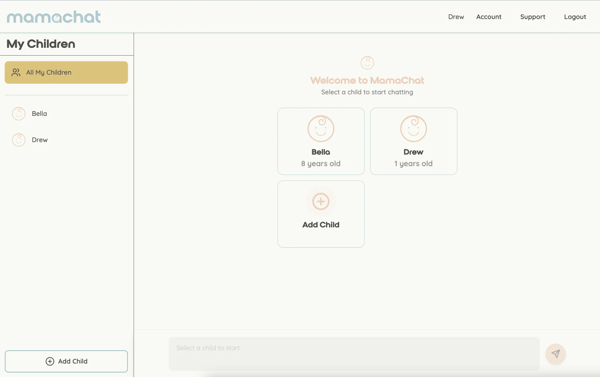 MamaChat interface showing supportive chat conversation